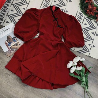 ĐẦM NHUNG ĐỎ CỔ TÀU TAY PHỒNG