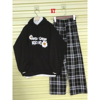 set áo hoodie hoa cúc boy + quần kẻ ống rộng