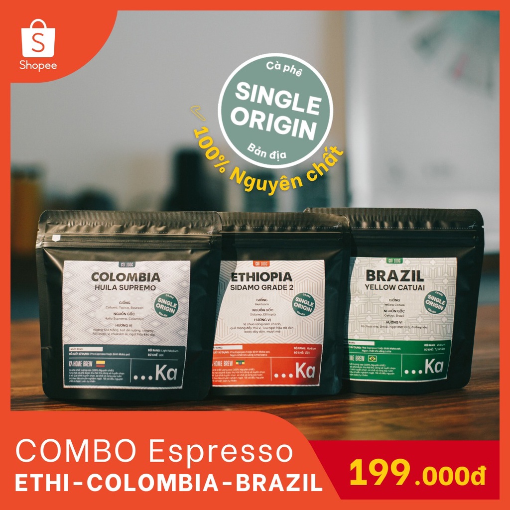 Combo Cà phê Arabica Ngoại pha Espresso, Cà phê Specialty Single Origin Cao cấp từ Ethiopia Brazil Colombia gói 100g