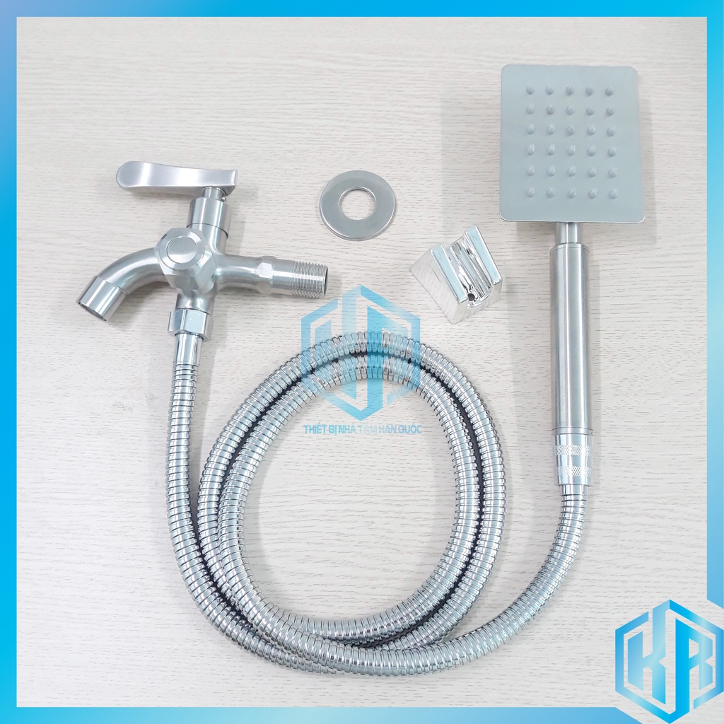 Bộ củ sen 1 đường nước lạnh Inox 304 Kèm Tay sen Inox Vuông Dẹt chống oxi hóa, tiết kiệm nước- Đủ bộ: Củ sen+tay+dây+cài