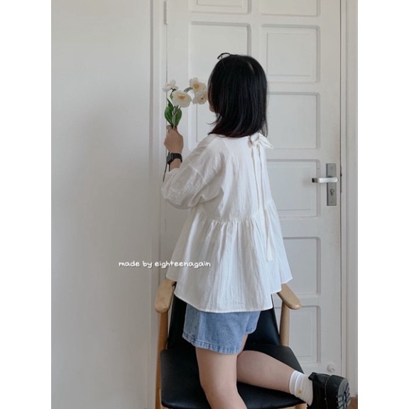 Áo sơ mi nữ babydoll buộc nơ sau - áo sơ mi  trắng tay lỡ babydoll phom thụng  thắt nơ sau , kiểu dáng hàn quốc