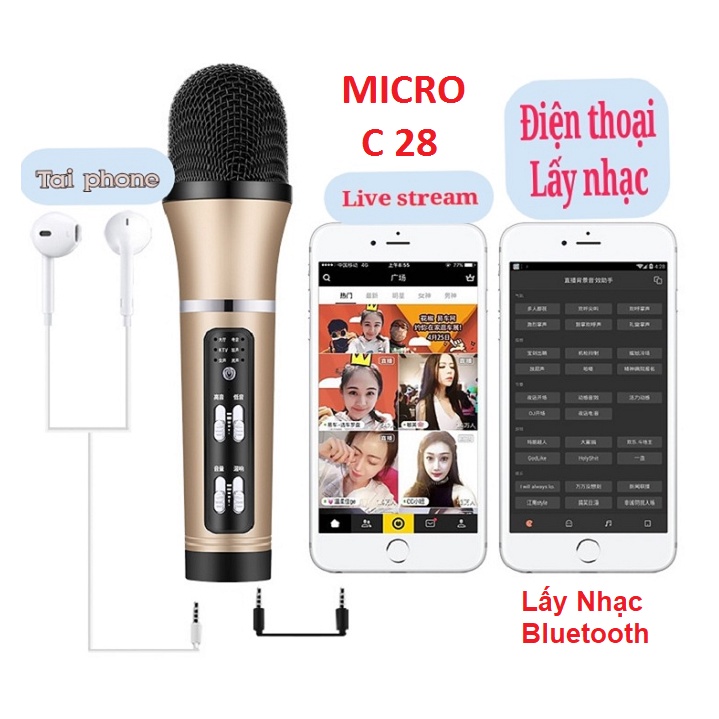 MICRO C28, MIC LẤY NHẠC BẰNG BLUETOOTH - HÁT LIVESTREAM KARAOKE CÓ CHẾ ĐỘ AUTOTUNE - THẾ HỆ MỚI 2022