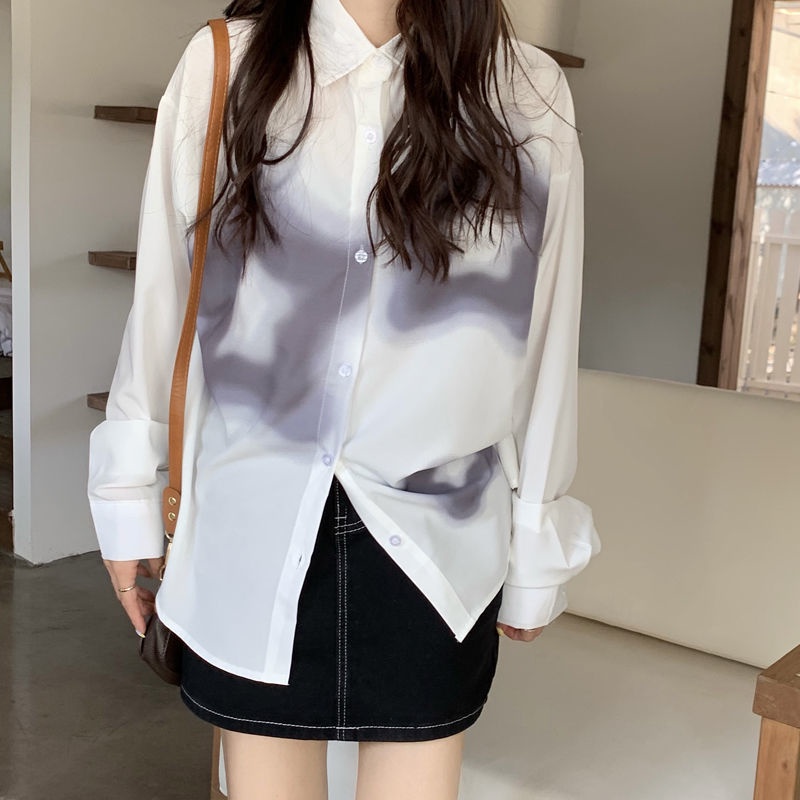 Áo Sơ Mi Trắng Tay Dài Dáng Rộng In Họa Tiết Graffiti Thời Trang Xuân Thu