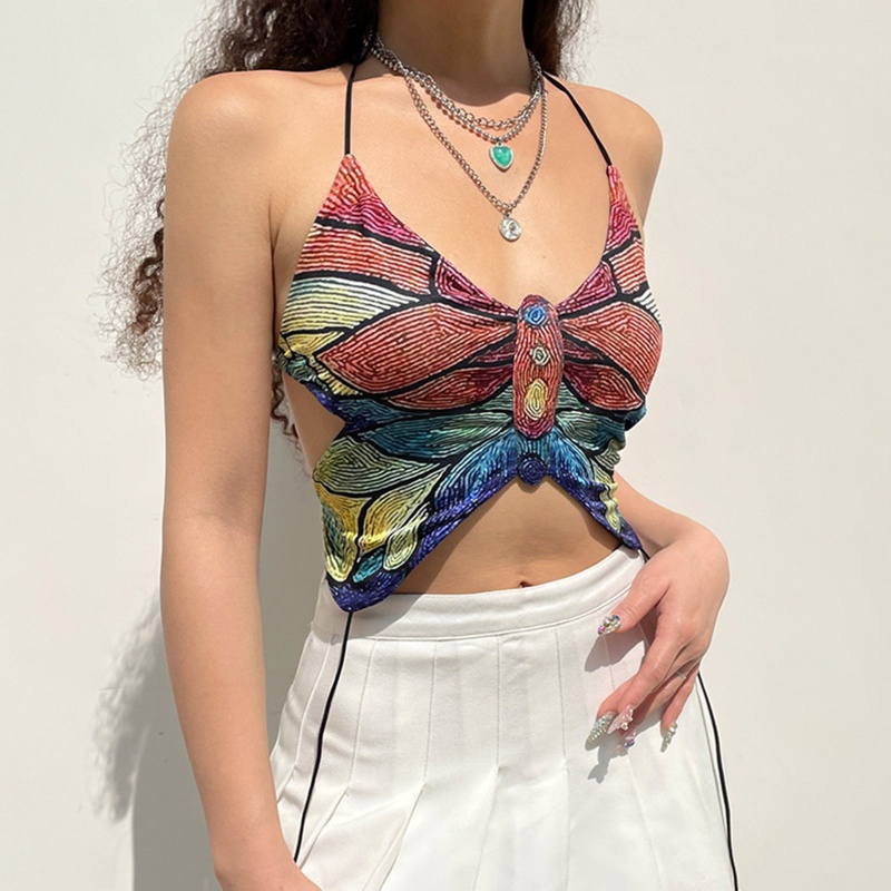 Brroa Áo Croptop Không Tay Hở Lưng Họa Tiết Sọc Cầu Vồng Nhiều Màu Sắc Phong Cách Harajuku Gợi Cảm Mùa Hè Cho Nữ