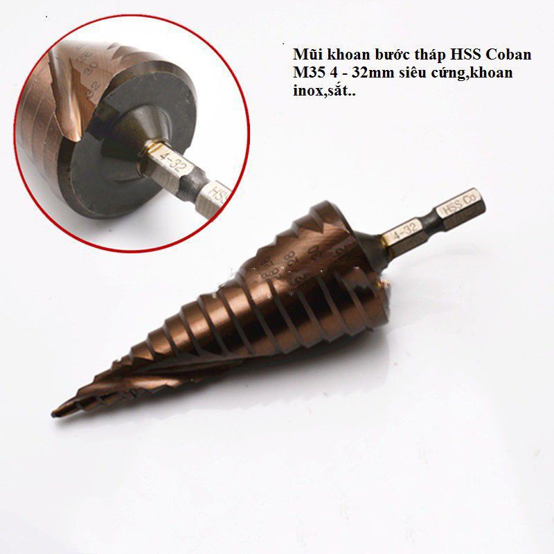 Mũi Khoan Tháp inox HSS COBAN M35 4 - 32mm Phủ Titanium Rãnh