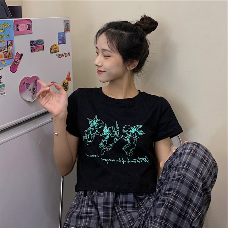 Áo Thun Croptop Cổ Tròn In Hình Thiên Thần Dễ Thương Cho Bạn Nữ