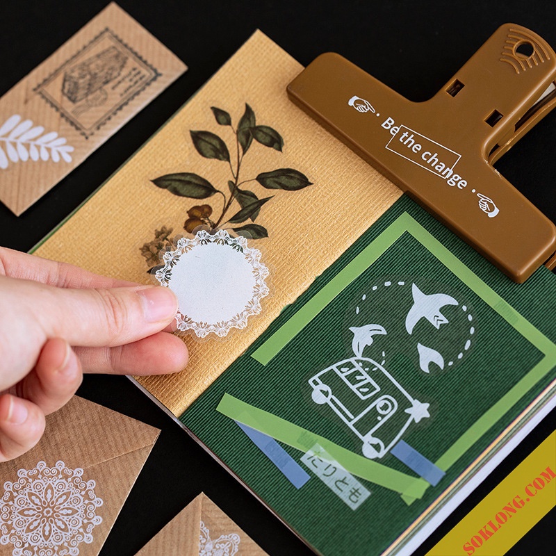 Hộp 50 sticker ren vintage/ hành tinh STI07, sticker trong suốt trang trí bullet journal, album