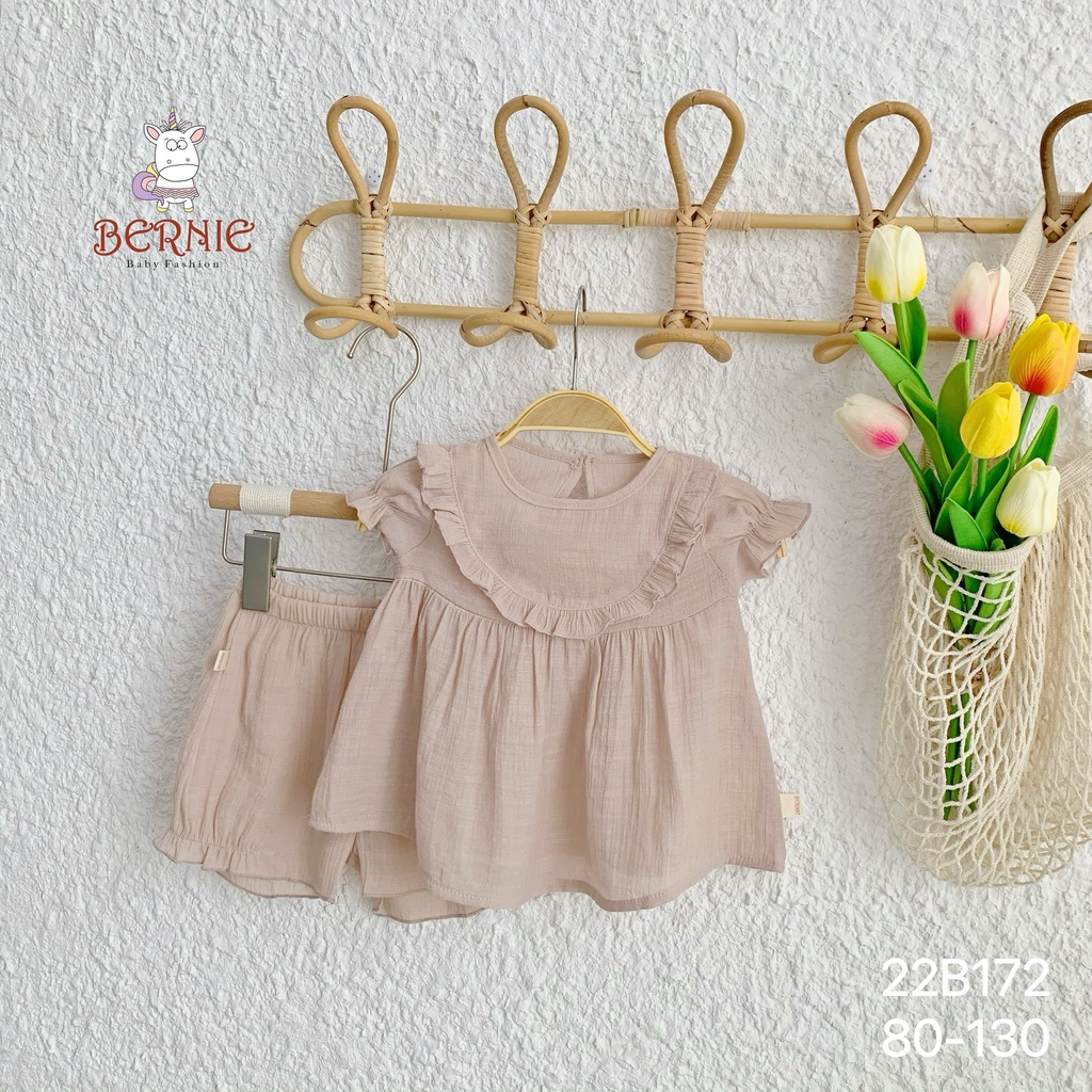 Bộ đũi bé gái trơn mềm mát, bộ bánh bèo bé gái xinh xắn vải đũi trơn mềm