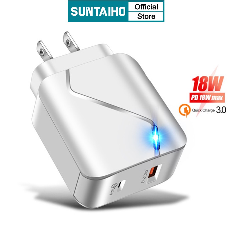 Củ Sạc Nhanh Suntaiho 3.1A Cho iPhone 12 Pro Huawei Ổ Type CPD/USB Có Đèn LED Phích Cắm EU/US 18W