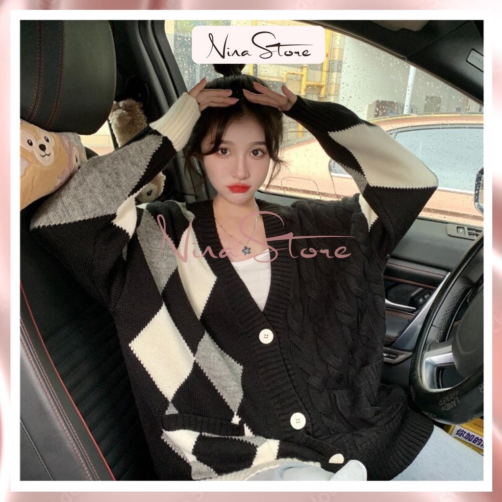 Áo cardigan len nữ lông thỏ dài tay form rộng áo khoác ngoài mùa đông hoạ tiết kim cương phong cách hàn quốc NinaStore