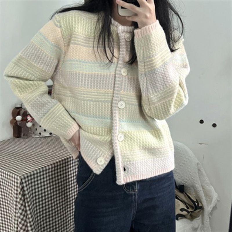 Áo khoác cardigan, áo khoác len tay dài dệt kim hoạ tiết kẻ ngang phong cách Hàn Quốc KL001