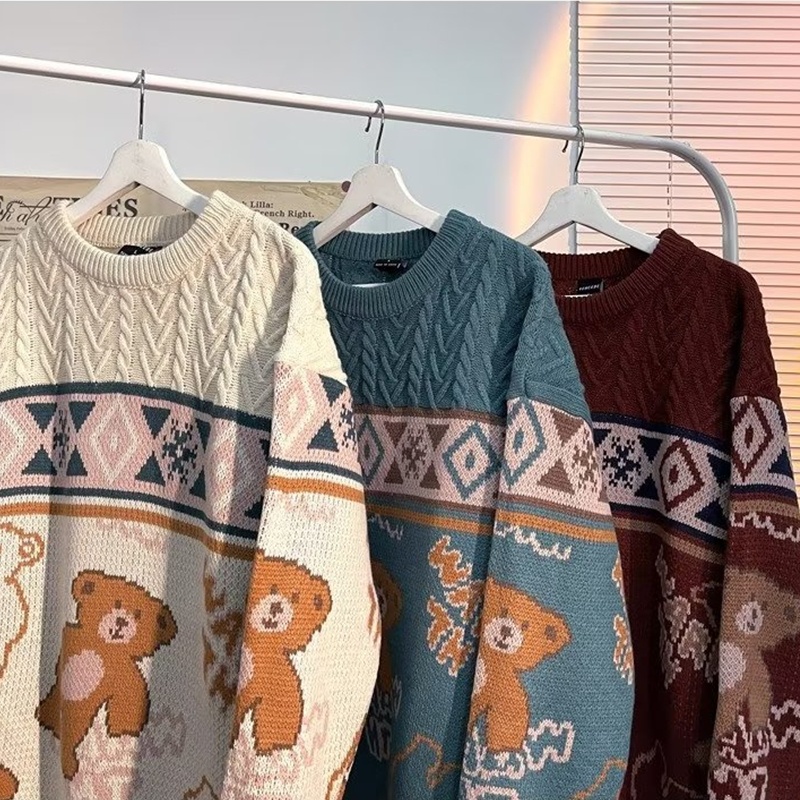 Áo Sweater Tay Dài Cổ Tròn Dáng Rộng In Hình Gấu Kiểu Retro Nhật Bản Cá Tính Cho Nam Cỡ M-2XL