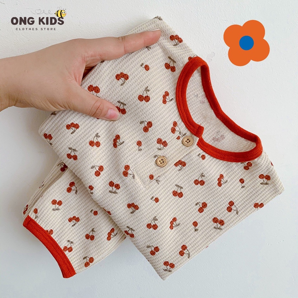 Đồ bộ bé trai bé gái hình quả Cherry cá tính dễ thương, Set quần áo sơ sinh vải cotton tổ ong tay dài Hàn Quốc