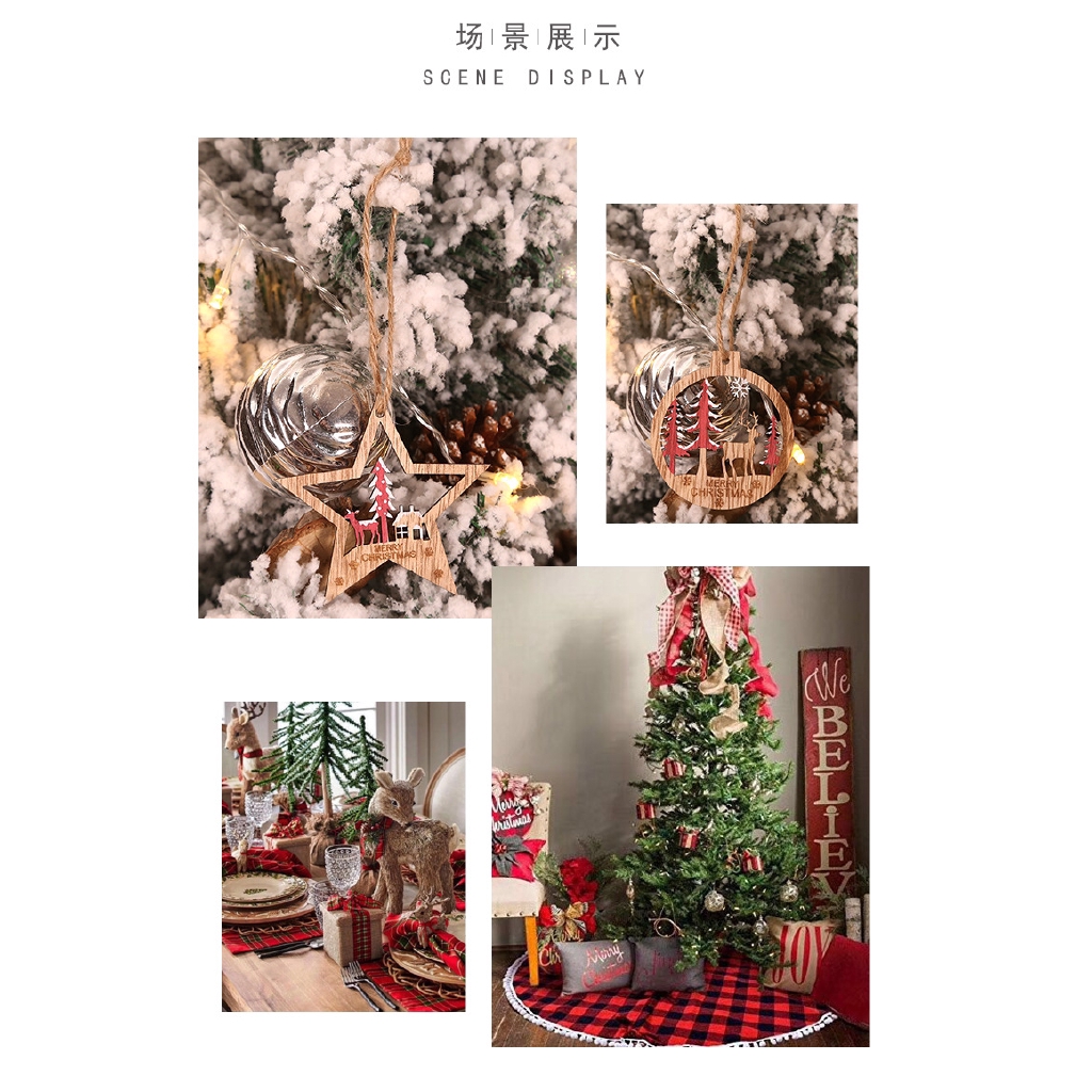 Bộ 6 phụ kiện gỗ họa tiết rỗng treo cây thông trang trí lễ giáng sinh