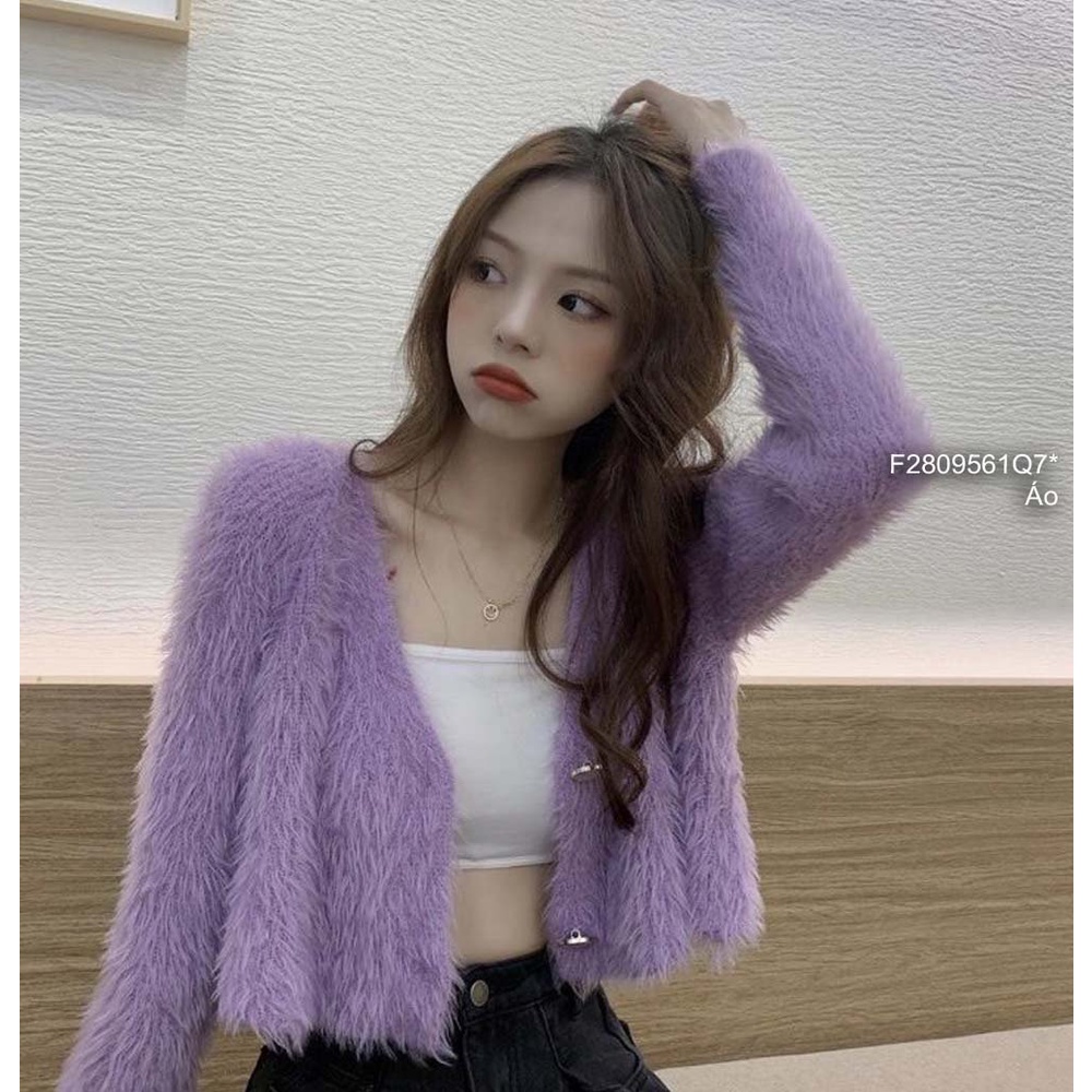 Áo len lông croptop gài khuy ngọc cổ tim tay dài