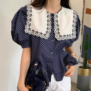 Áo peplum chấm bi xanh