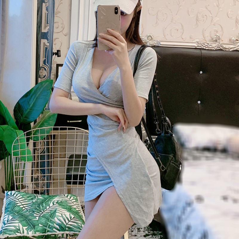Đầm Tay Ngắn Cổ Chữ V Thiết Kế Lệch Tà Thời Trang Mùa Hè Cho Nữ