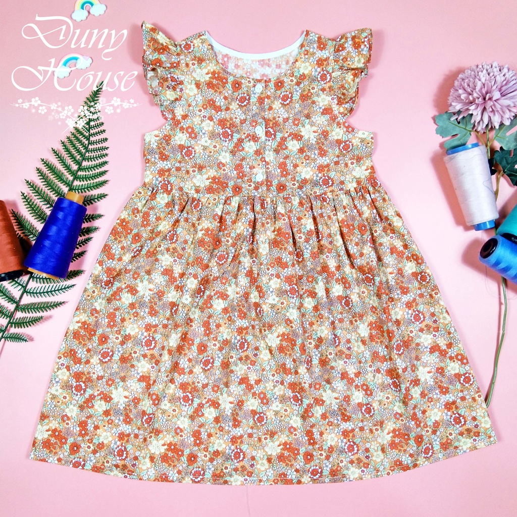 (V02) Đầm cho bé 1-13t cánh tiên nhỏ, thô hoa 100% cotton, váy thiết kế cho bé gái Duny House