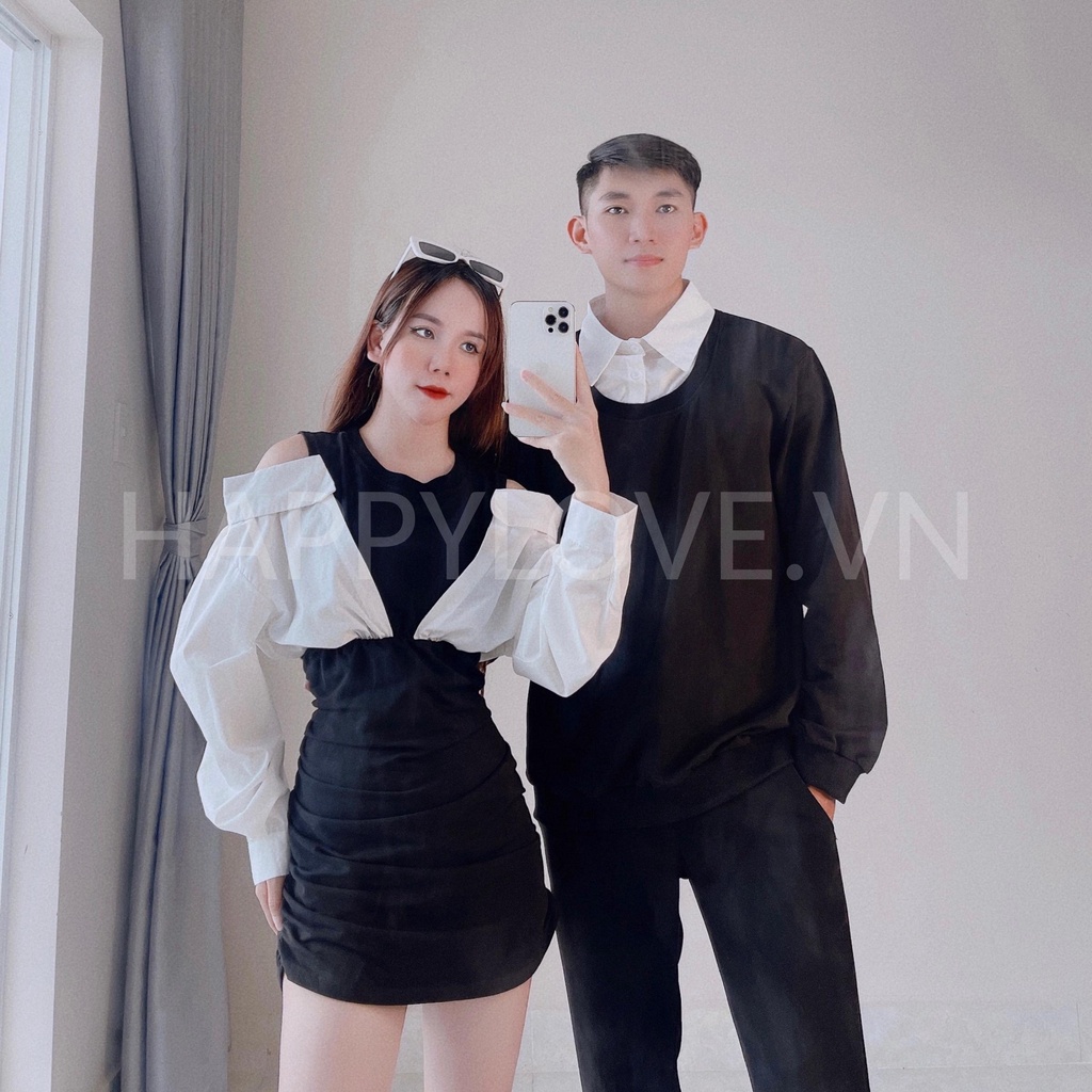 Set đồ đôi nam nữ Couple Áo nam Váy nữ màu đen phối kiểu sơ mi Hàn quốc HAPPYLOVE, Đồ cặp đôi unisex hàng Quảng Châu H31