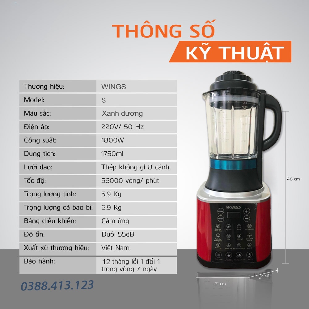Máy làm sữa hạt WingS - Dung tích 1.75 lít - Xay nhuyễn, nghiền mịn - Máy nấu đa năng - Bảo hành 12 tháng