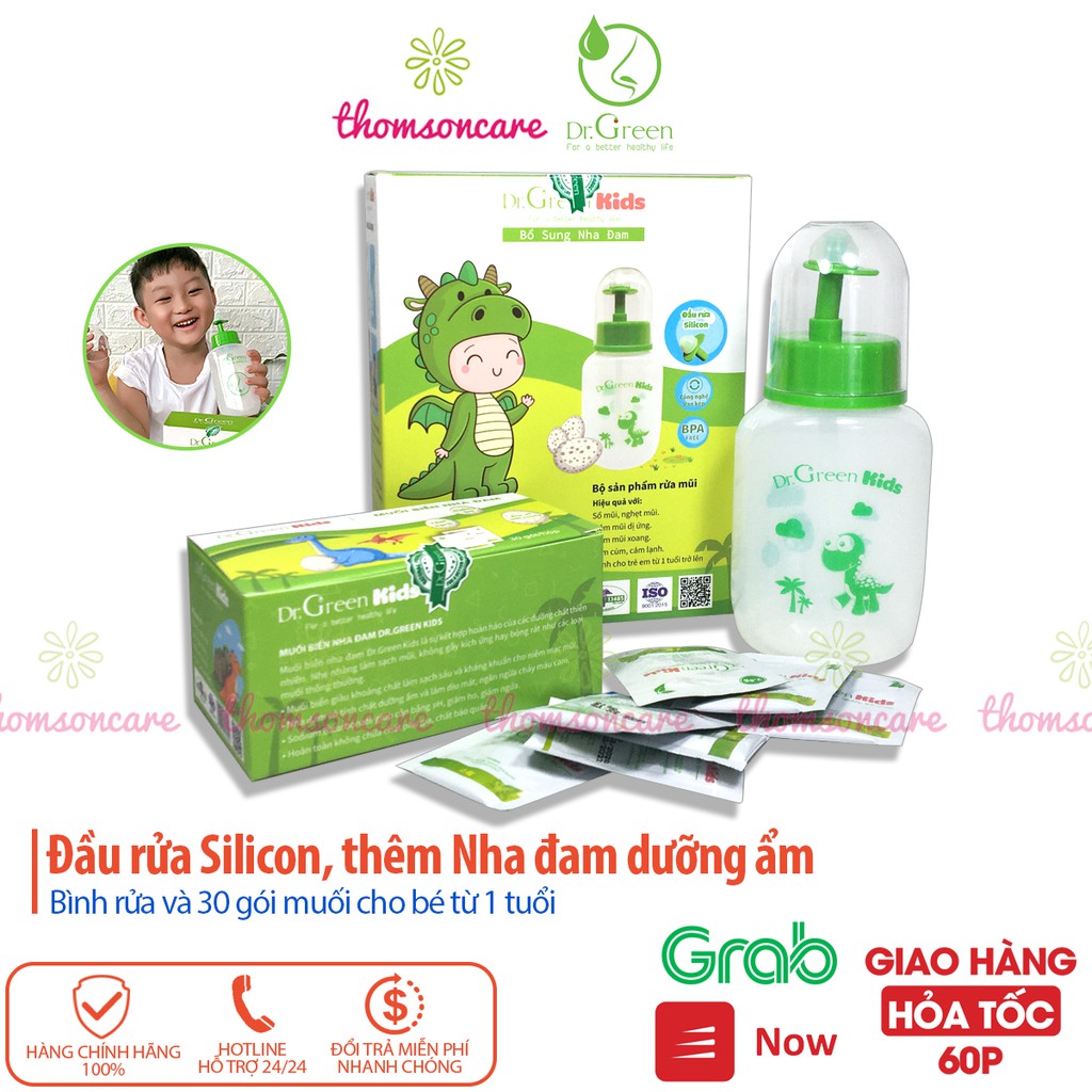 Bình rửa mũi Dr Green Kids tặng kèm 30 gói muôi -  Vệ sinh mũi, họng cho bé, đầu silicon không đau, cho trẻ từ 1 tuổi