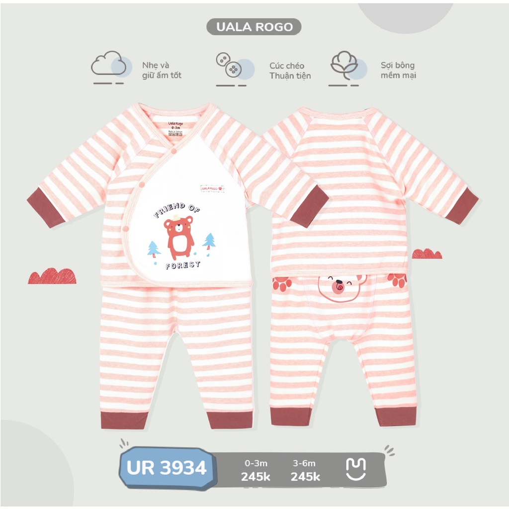 Bộ Uala Rogo Cotton sơ sinh kẻ phối màu gấu teddy cài chéo cao cấp mềm mịn thấm hút tốt cho bé trai bé gái 3934