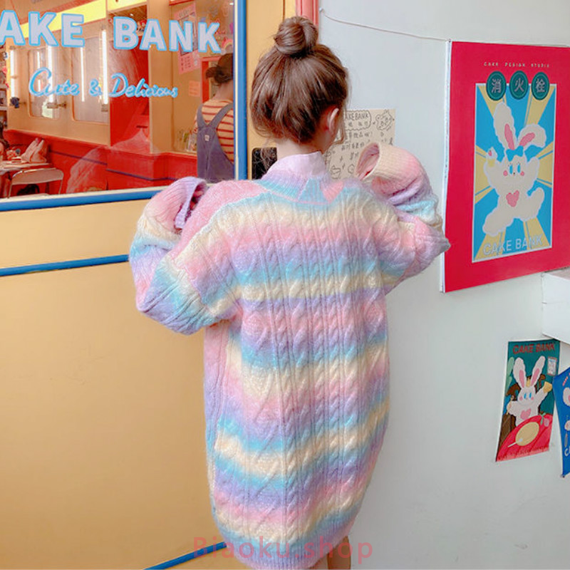 Áo Khoác Cardigan Dáng Dài Họa Tiết Cầu Vồng Phong Cách Hàn Quốc Độc Đáo Dành Cho Nữ