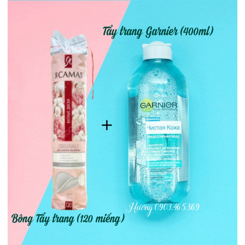 Combo tẩy trang Garnier xanh (400ml) + bông tẩy trang tôi là nhất (120 miếng) dành cho da dầu