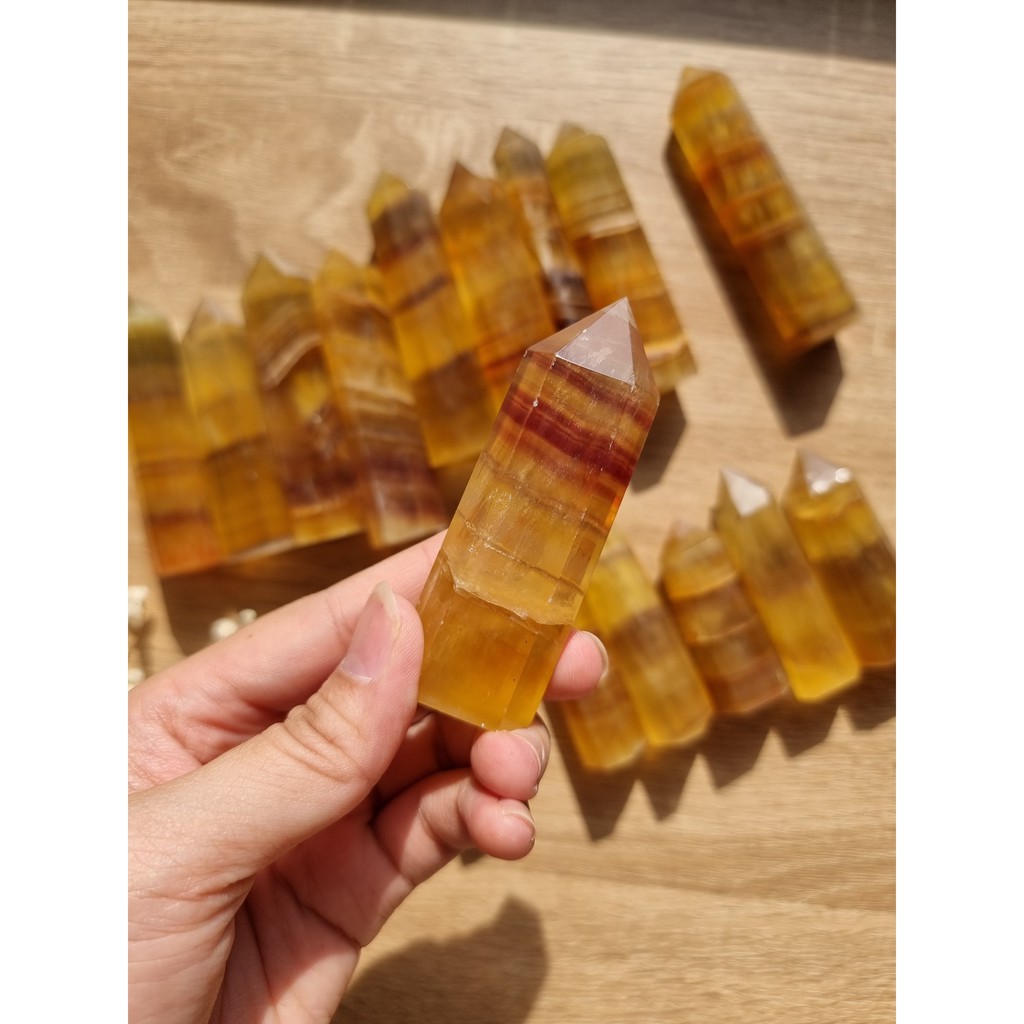 [Linh Linh]Trụ đá thanh tẩy Fluorite vàng (Yellow Fluorite), đá phong thủy dùng trong Tarot, reiki, thiền định