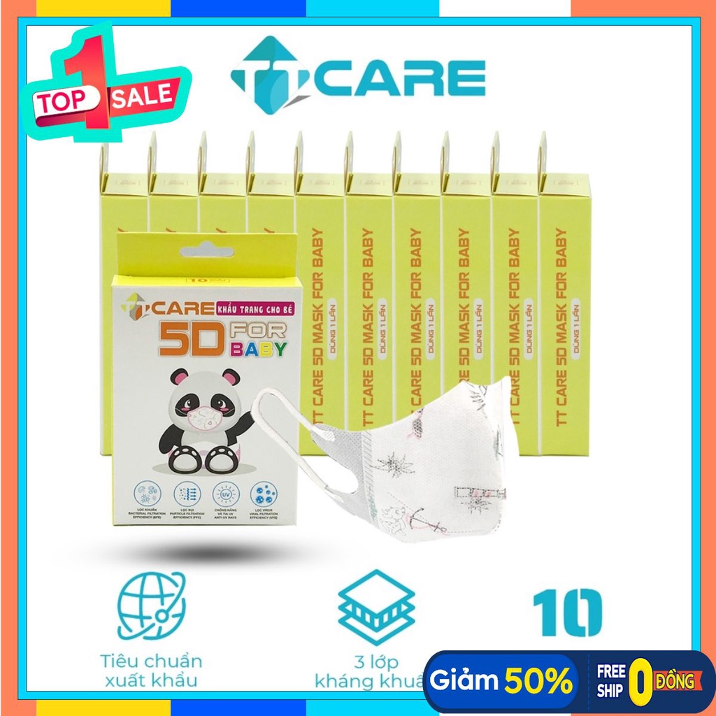Khẩu Trang Cho Bé 3 Lớp TTCARE - 5D BABY Họa Tiết Dễ Thương Chất Lượng Kháng Khuẩn Quốc Tế - 1 HỘP 10 Cái