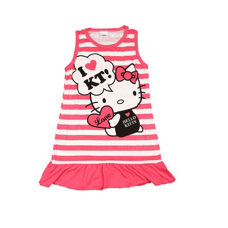 Đầm Thun Tay Ngắn In Hình Hello Kitty Đáng Yêu Cho Bé Gái