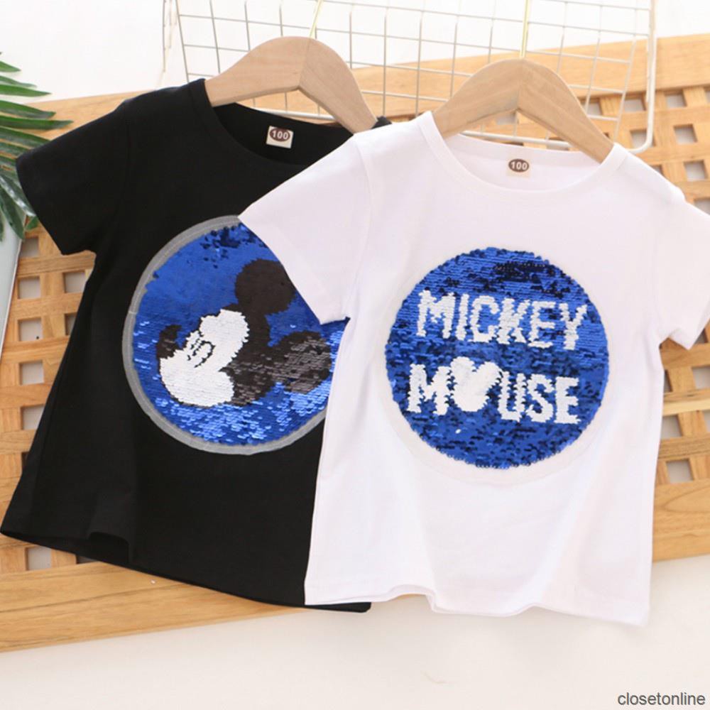 Áo Thun Cotton Cổ Tròn In Hình Chuột Mickey Đáng Yêu Cho Bé
