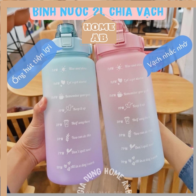 BÌNH NƯỚC 2 LÍT Chia Vạch Nhắc Nhở Dễ Thương Có Ống Hút Tiện Lợi