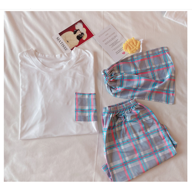 summer women white short-sleeved T-shirts and plaid shorts sleepwear set 2 pieces included cloth bag M-XXL | BigBuy360 - bigbuy360.vn