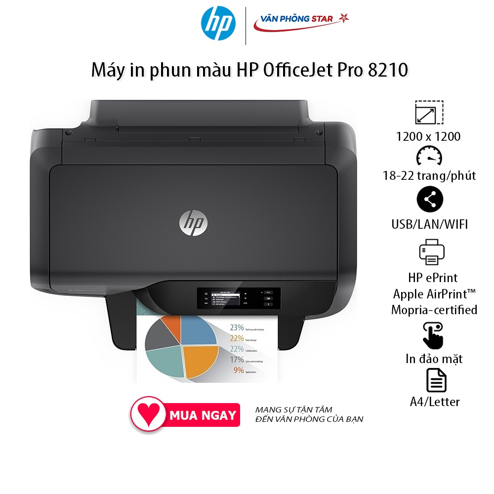 Máy in phun màu HP OfficeJet Pro 8210 in 2 mặt tự động, tốc độ 22 trang/phút in 2 mặt tự động in wifi tại vanphongstar