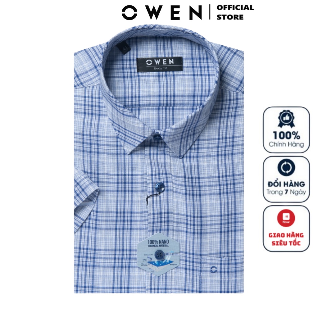 Áo Sơ Mi Nam Ngắn Tay OWEN BA220119NT Somi Công Sở Cao Cấp Màu Kẻ Caro Navy Trắng Vải Nano Dáng Suông Tà Bằng Có Túi