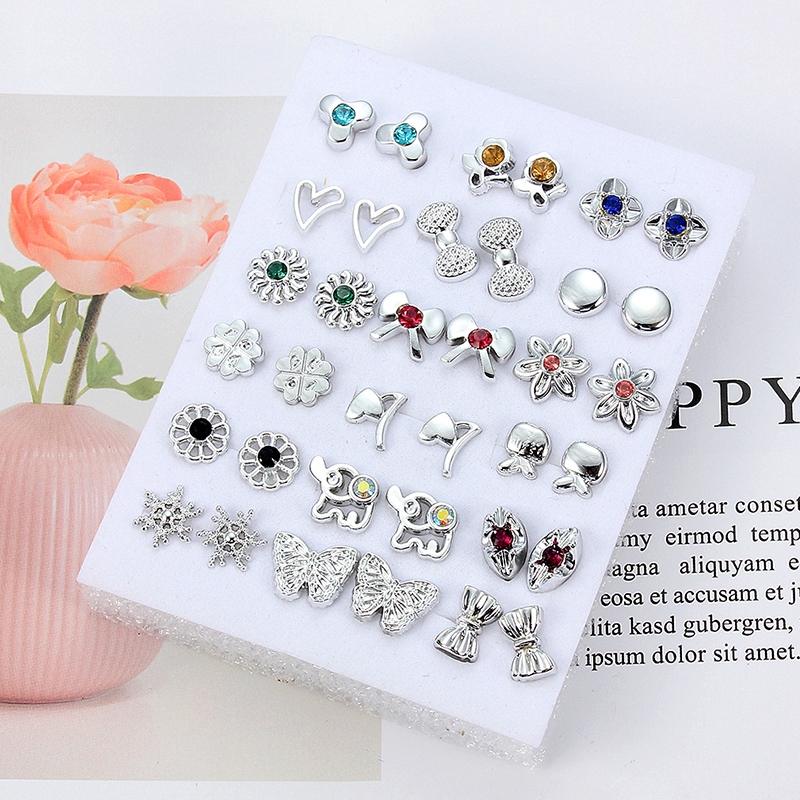Bộ 18/36 đôi bông tai màu vàng/bạc đính đá nhiều màu sắc xinh xắn cho nữ