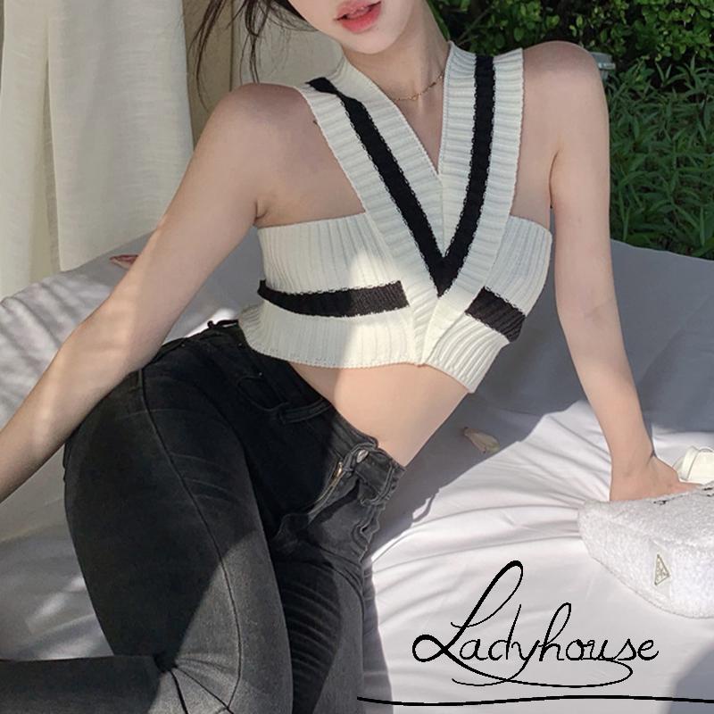 Áo Croptop Dệt Kim Không Tay Cổ Chữ V Màu Sắc Tương Phản Thời Trang Mùa Hè Dành Cho Nữ