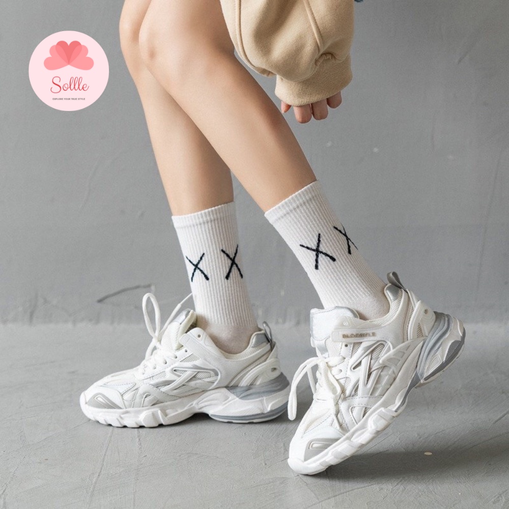 Tất vớ nam nữ cổ cao cổ lửng màu trơn đen trắng basic in chữ XX vải cotton thoáng mát Sollle