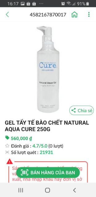 Gel tẩy tế bào chết Cure Natural Aqua Nhật