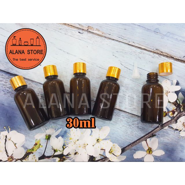 Lọ thủy tinh nâu nắp tinh dầu nhôm vàng 30ml