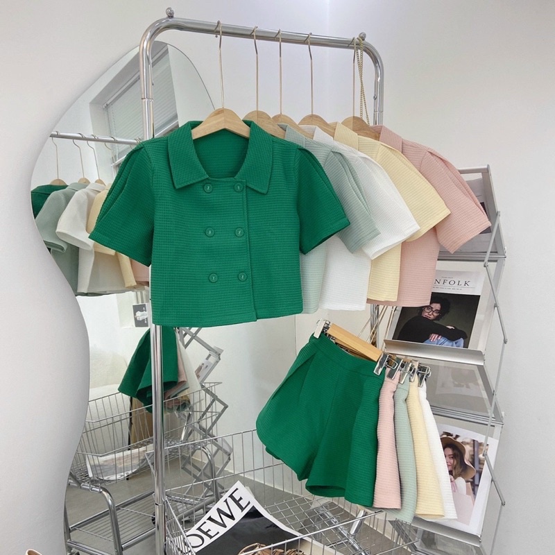 (sẵn) SET CROP CỔ SƠ MI PHỐI NÚT + SHORT 5M