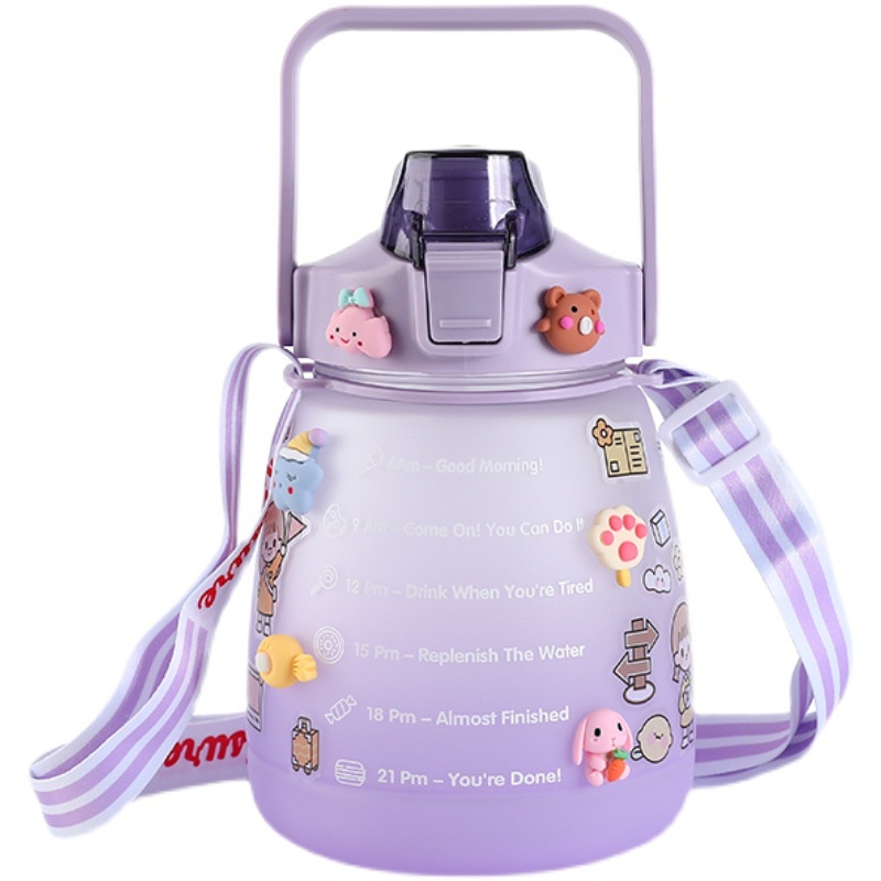 Bình Nước Dung Tích Lớn Bằng Nhựa Cấp Thực Phẩm Màu Gradient Họa Tiết Hoạt Hình Có Tay Cầm Và Ống Hút