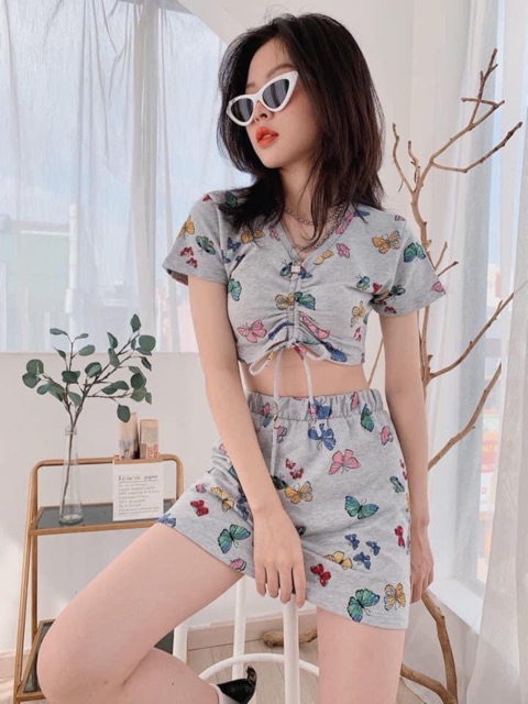 Set CropTop Dây Rút+ Váy Bướm Kèm Ảnh Thật