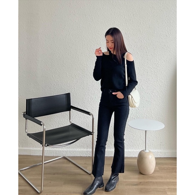 Quần jeans đen skinny cắt gấu orange + áo len hở 2 bên vai