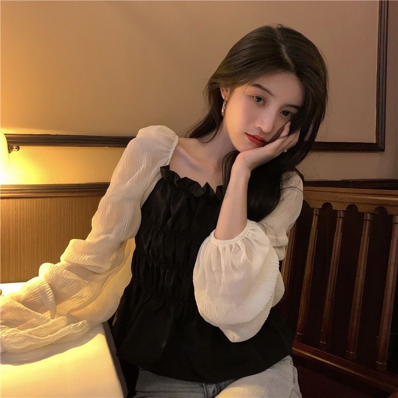 Áo sơ mi IELGY dài tay cổ vuông phong cách Pháp thời trang cho nữ