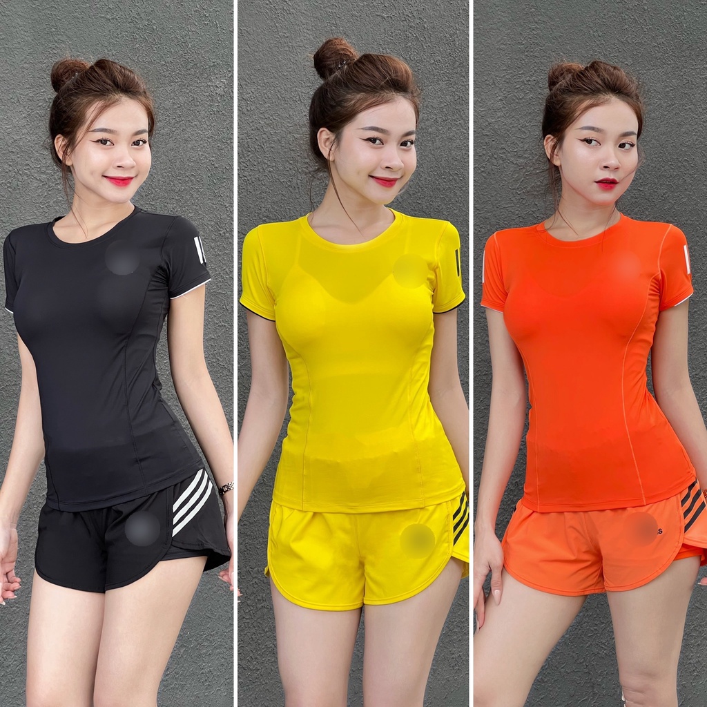 Bộ Tập Gym Nữ Quần Đùi 2 Lớp + Áo Thun Tay Ngắn 3 Sọc Cao Cấp - BD2301
