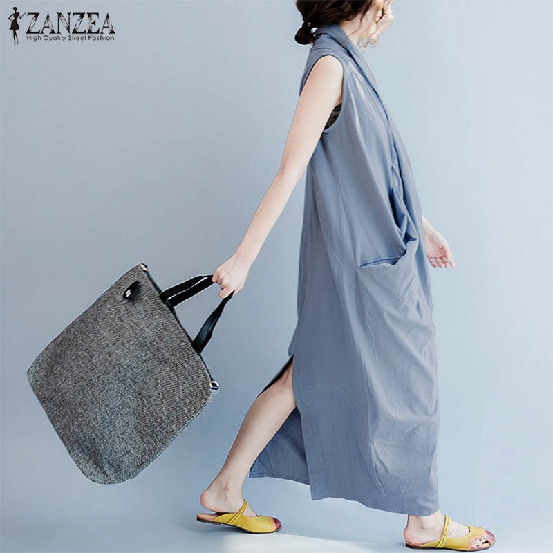 ZANZEA Đầm maxi dáng dài cổ chữ V xẻ tà quyến rũ cho nữ