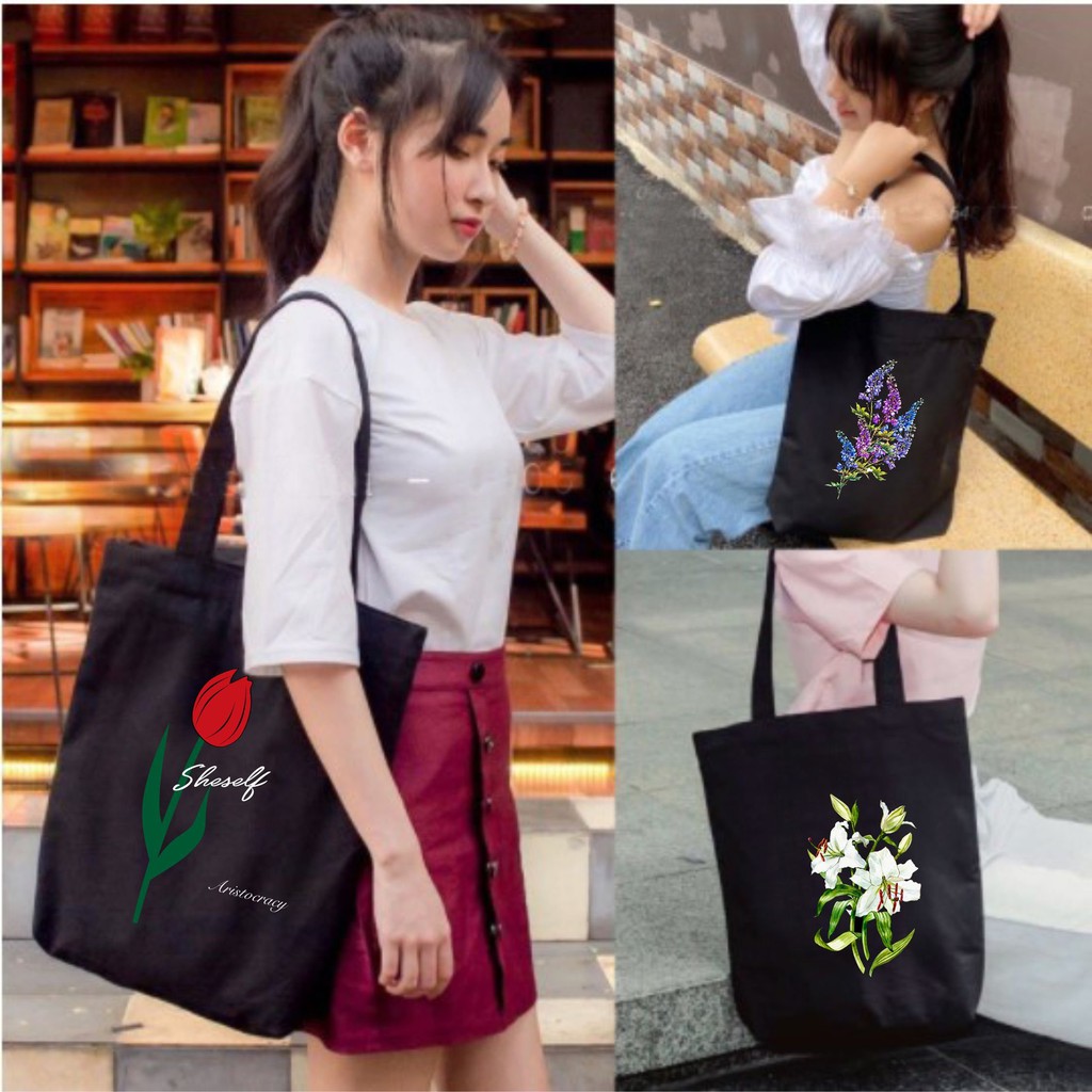 Túi tote vải canvas 2 màu đen,trắng phong cách Hàn quốc, có ngăn phụ có khóa