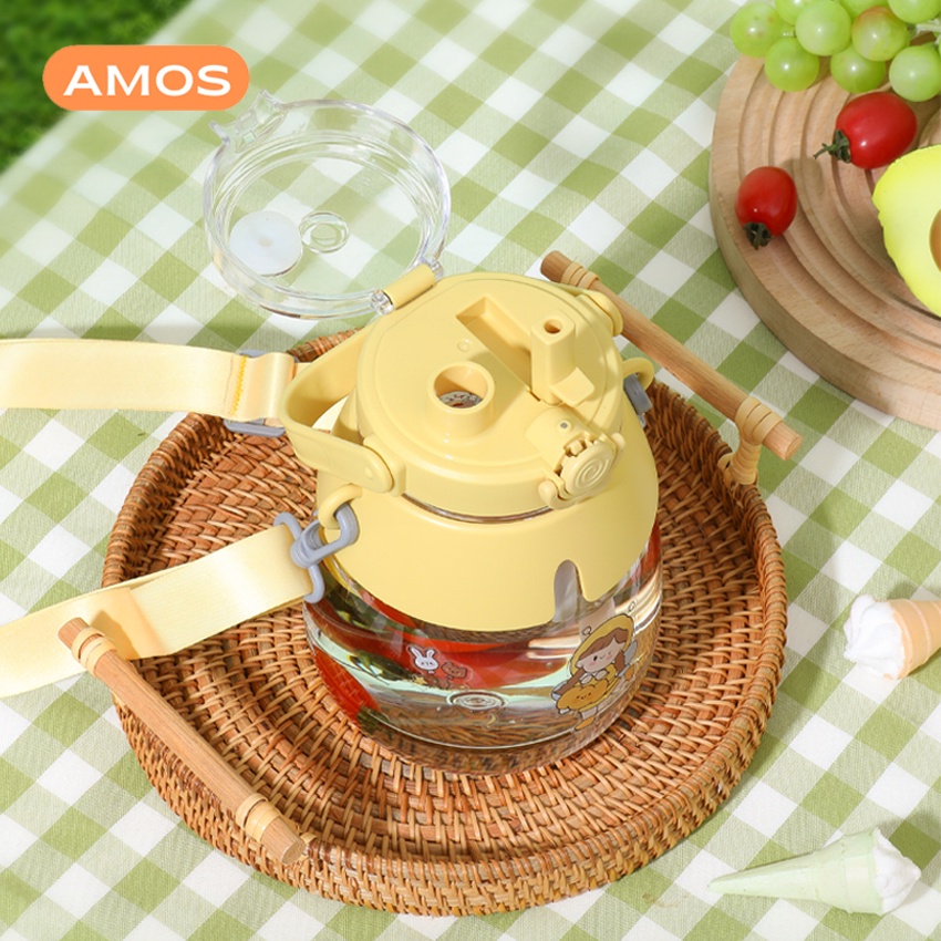 Bình nước có ống hút AMOS dung tích 1,3L chịu nhiệt thiết kế quai đeo chéo tiện lợi